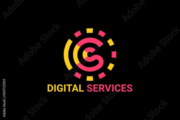 Fototapeta Flat vector logo element with telephone illustration, sound waves with initials "C" or "CS" in positive space and "e" in negative space. Usable for digital service logos.