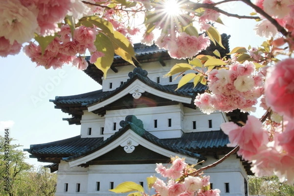 Obraz 弘前城天守とさくら