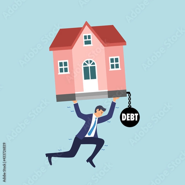 Obraz Businessman carrying house debt in flat design. Mortgage debt, home loan concept.