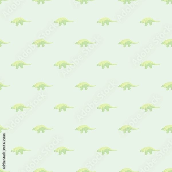 Fototapeta Wildlife animal seamless pattern with pastel green little dinosaurs shapes. Light backround. Jungle ancient print.