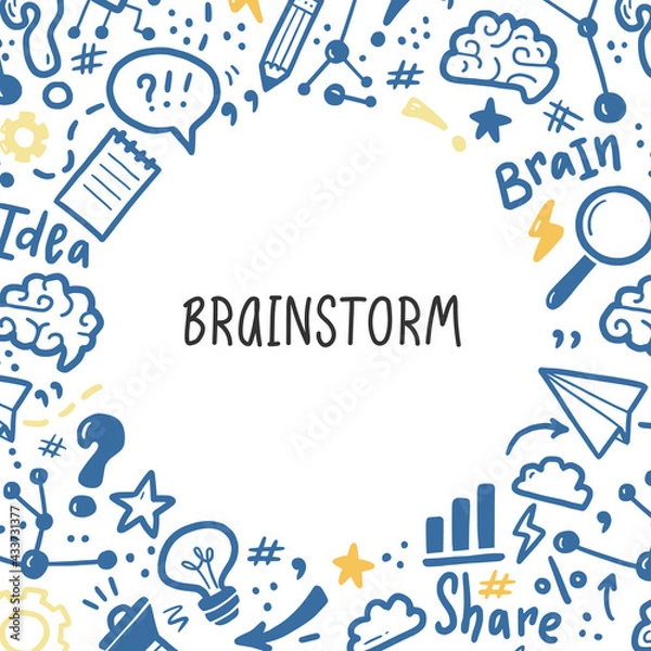 Obraz Hand drawn banners template with brainstorm, idea, brain elements. Doodle sketch style. Vector illustration for brainstorm, business banner, frame, brochure background.
