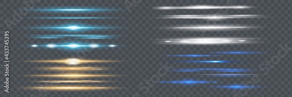 Obraz Red horizontal lens flares pack. Laser beams, horizontal light rays.Beautiful light flares. Glowing streaks on dark background. Luminous abstract sparkling lined background.