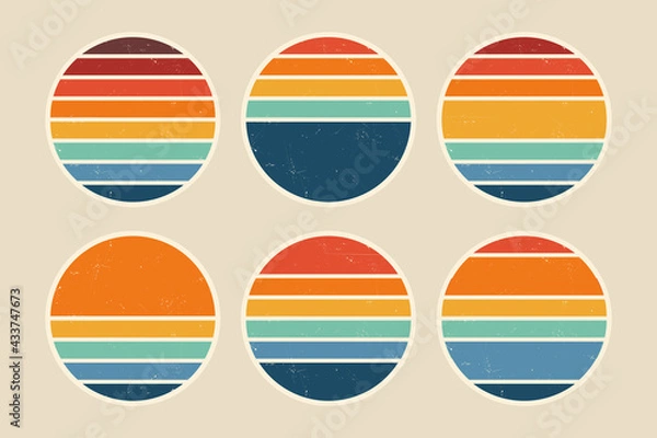 Obraz Zestaw Sun Retro i zestaw emblematów. Streszczenie Ocean View Tło w kółkach kształtów z geometrycznym stylem w stylu vintage w trudnej sytuacji. Idealny do naklejki, logo, ikony, koszulki lub dowolnego celu.