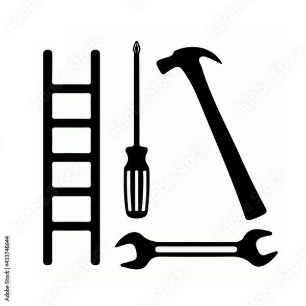 Fototapeta Silhouette Set of Hammer Screwdriver Spanner & Ladder Front View