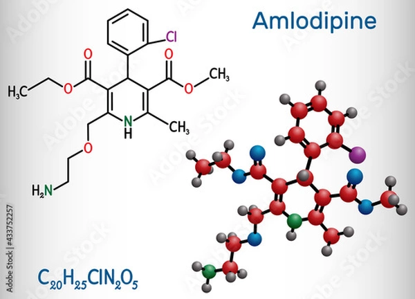 Fototapeta Amlodipine molecule. It is vasodilator, antihypertensive drug group of dihydropyridine calcium channel blockers. Used in the treatment of high blood pressure, angina
