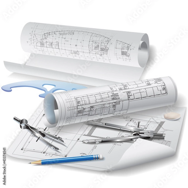Obraz Architectural background with rolls of drawings