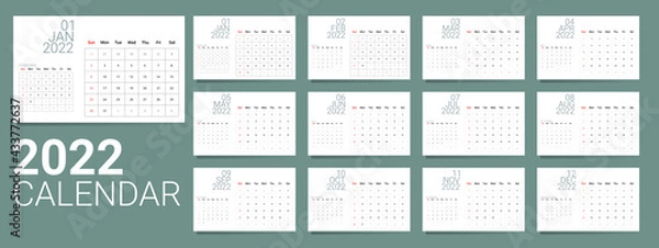 Fototapeta vector of calender  2022. 2022 calendar template. white theme. week starts on sunday. wall calendar simple design and golden ratio. schedule ,planner, daily log, etc.