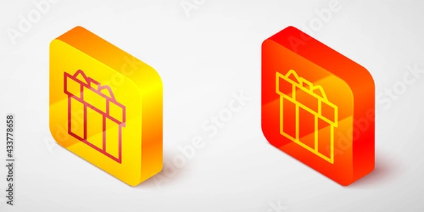 Fototapeta Isometric line Gift box icon isolated on grey background. Yellow and orange square button. Vector