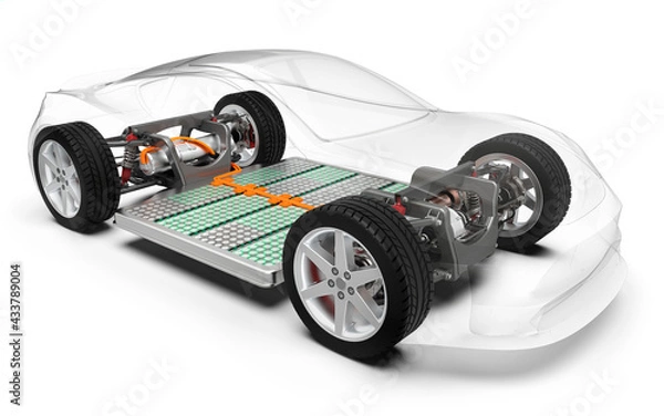 Obraz Elektroauto, Elektrofahrzeug mit Akkuantrieb, transparent dargestellter PKW, 3D Rendering