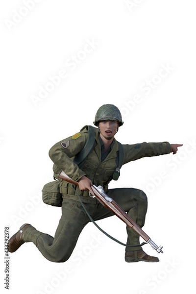 Fototapeta Historical American soldier of World War 2 yelling and pointing. Digital illustration. D-day era storming the beaches. Isolated on white.