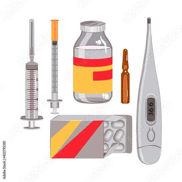 Fototapeta  Medical set of insulin and conventional syringes, packaging with pills in a blister, a bottle with a solution, an ampoule and an electronic thermometer. Vector  flat elements isolated on white. 