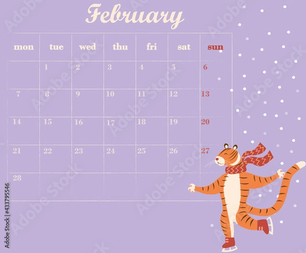 Fototapeta Multicolored February 2022 Monthly Planner with illustration of a cute tiger wearing a scarf ice skating under snow flakes. A table with a calendar for January 2022 and a place to take notes. Vector i