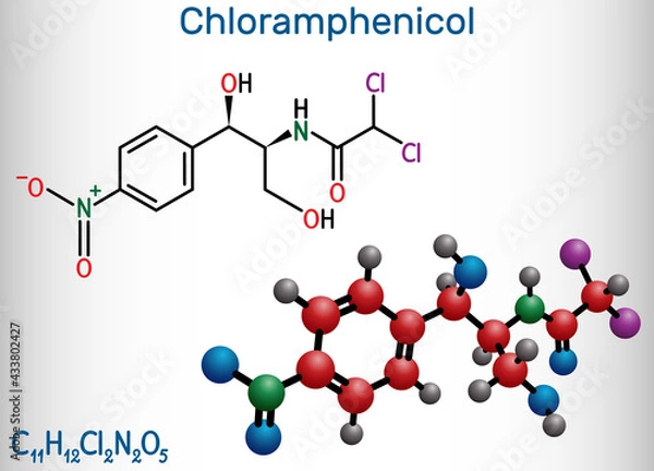 Fototapeta Chloramphenicol molecule. It is bacteriostatic broad-spectrum antibiotic. Structural chemical formula and molecule model