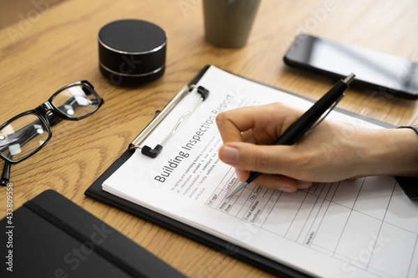 Fototapeta African American Inspector Checking Building Report