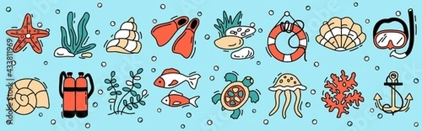 Fototapeta Underwater world. Vector set of contour illustrations on an isolated background. Shells, seaweed, turtle, fish, diving. Flat style. Elements for marine decor, stickers, postcards, background.
