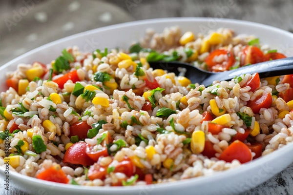 Fototapeta Fresh Orzo Salad With Tomatoes, cors and Basil.