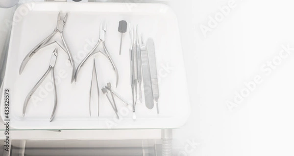 Fototapeta Medical instruments on a white tray with white copy space at the right. Chiropody tools. Nail nippers and nail rasps.