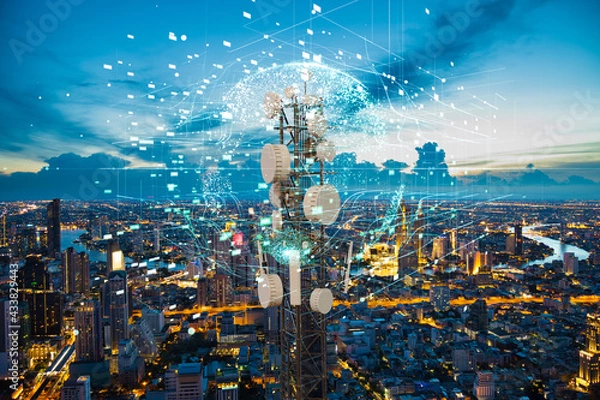 Fototapeta Telecommunication tower with 5G cellular network antenna on night city background, Global connection and internet network concept