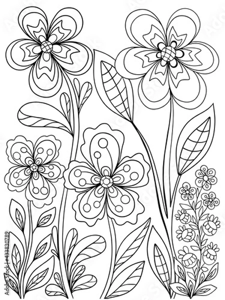 Fototapeta flowers bouquet plants coloring book vector illustration nature sketch doodle hand drawing for kids and adults page postcard on white background