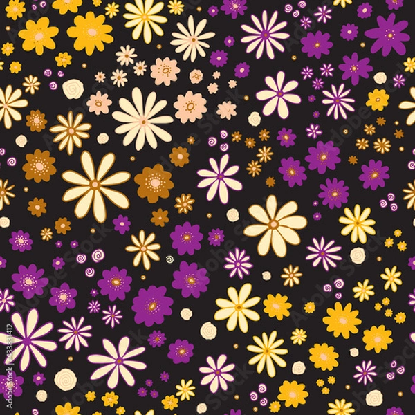 Fototapeta Flower field on dark seamless vector pattern. Repeating dense liberty doodle flower meadow background. Scandinavian style line art florals. For fabric, wallpaper, texture