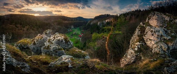 Fototapeta Panoramic view from the limestone peak to Pradnik Valley at the sunset. Ojcowski National Park