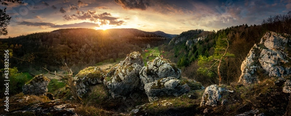 Fototapeta Panoramic view from the limestone peak to Pradnik Valley. Ojcowski National Park