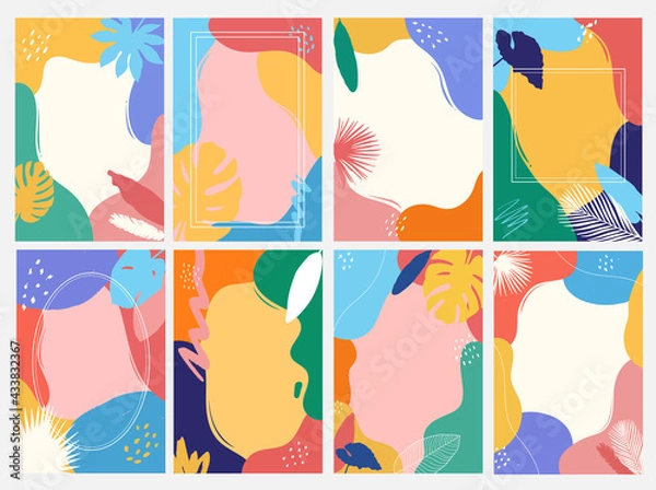 Fototapeta set of summer banners with abstract shapes and tropic leaves. Good for social media design, posters, prints, cards, signs, templates with copy space, etc. EPS 10