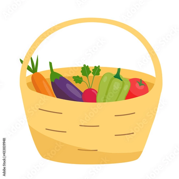 Obraz Vector illustration with a straw basket of Seasonal vegetables.  Eggplant, carrots, radishes, peppers, tomatoes. Perfect for a grocery delivery app or for advertising farm vegetables