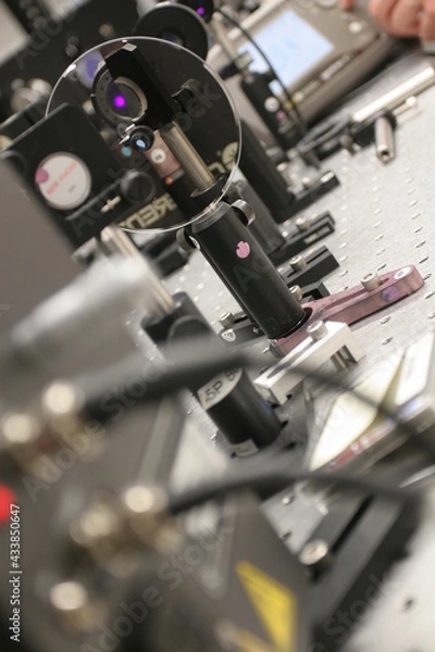 Fototapeta Research laboratory with special equipment for the research of laser beams and optical experiments