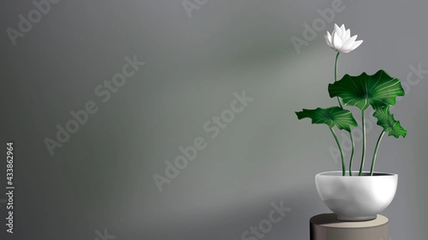 Fototapeta Lotus vase decoration in the room isolated.  Silver pot with lotus plants.  Indoor zen plant.