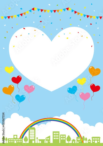 Fototapeta ハート風船が飛ぶ街並みと青空の背景