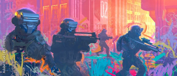 Fototapeta Special forces of the future are going to capture the target. Cyberpunk style