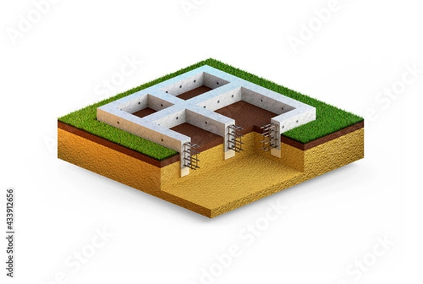 Fototapeta poured reinforced concrete wall foundation, isolated computer generated industrial 3D rendering