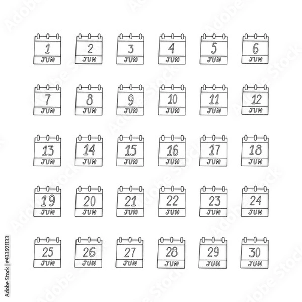 Fototapeta June month calendar set page hand drawn in doodle style. minimalism monochrome scandinavian nordic liner. planning, business, date, day. collection icon, print