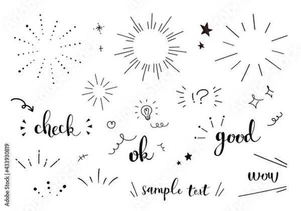 Obraz 手描き　マーク　サンバースト　太陽線　記号　気づき　注目　アイコン　カリグラフィ　セット