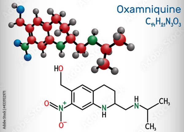Fototapeta Oxamniquine molecule. It is member of quinolines, anthelmintic with schistosomicidal activity against Schistosoma mansoni, used to treat schistosomiasis