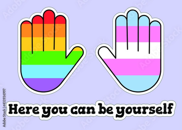 Fototapeta LGBT+ friendly sticker pack. Rainbow gay and transgender flags. Three colorful vector signs for Pride Month. Open palms icons with white outline. Positive space. Safe zone. 