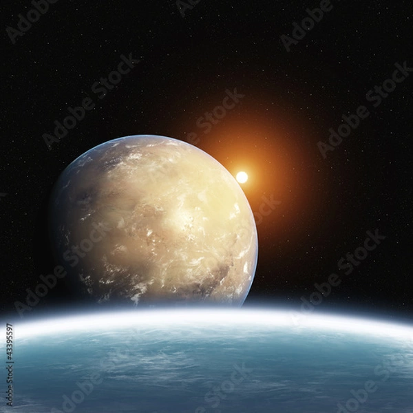 Obraz Rising Desert Planet with Earth and Sun
