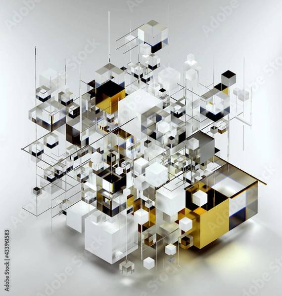 Fototapeta 3d render of abstract art 3d composition with surreal industrial build construction in cubical form based on big and small boxes and rectangles in white plastic silver gold metal and glass material 