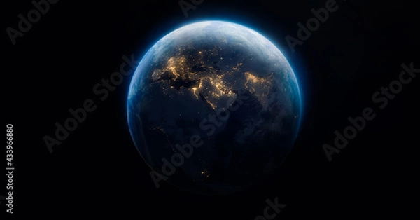 Fototapeta Sphere of Earth planet at night isolated on dark black background. Surface of Earth. Globe. City lights on planet. Life of people. Solar system element. Elements of this image furnished by NASA