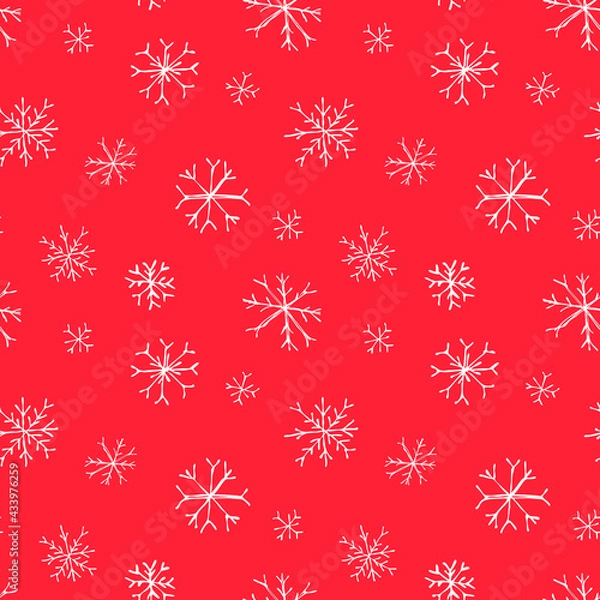 Obraz Hand drawn snowflakes on red background; christmas seamless pattern