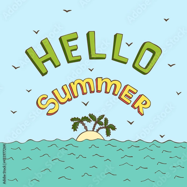 Obraz tropical island with palm trees, banner with 'hello summer' lettering