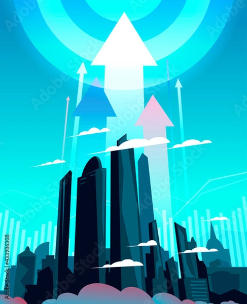Obraz Huge growing daily metropolis, cartoon illustration with up arrows and target.