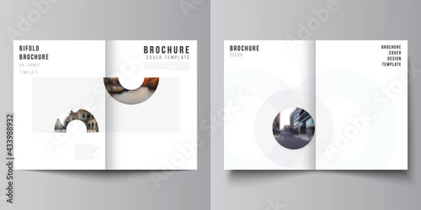 Fototapeta Vector layout of two A4 cover mockups templates for bifold brochure, flyer, magazine, cover design, book design. Background template with rounds, circles for IT, technology. Minimal style.