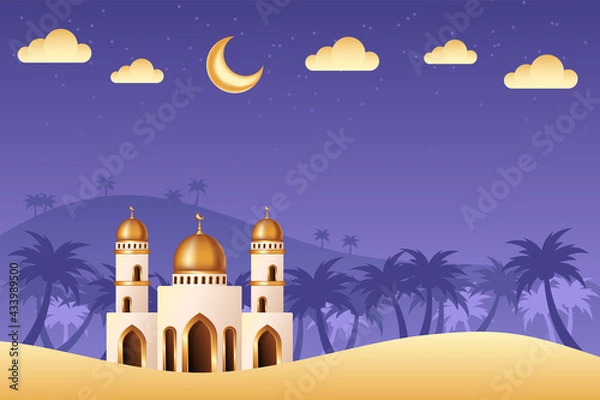 Fototapeta Lovely islamic background with Mosque in the middle of desert. Islamic background suitable for Ramadan, Eid al Adha, Eid al Fitr.