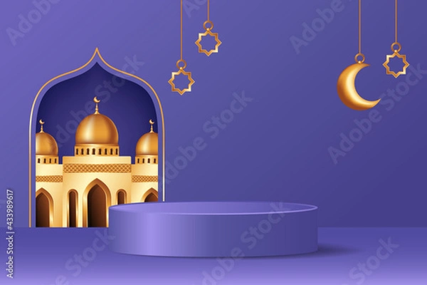 Fototapeta Islamic 3d display podium decoration in purple background with realistic mosque and golden crescent moon. Product presentation suitable for Ramadan, Eid al Adha, Eid al Fitr.