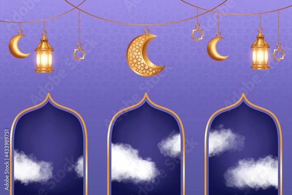 Fototapeta Luxury Islamic background with realistic 3d clouds and golden crescent moon decorations. Islamic background suitable for Ramadan, Eid al Adha, Eid al Fitr.
