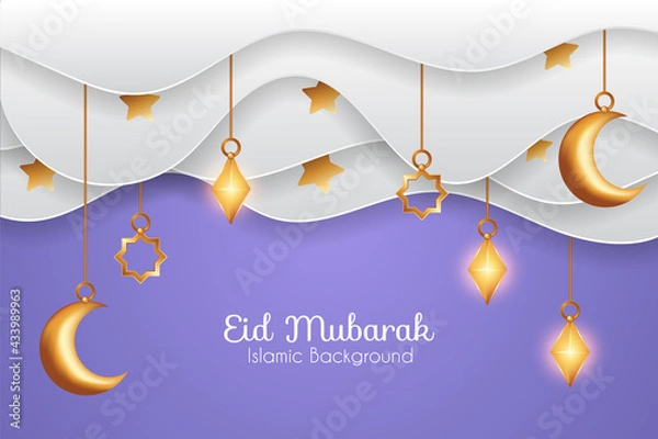 Fototapeta Eid mubarak background in paper cut style with clouds and decorations. Islamic background suitable for Ramadan, Eid al Adha, Eid al Fitr.
