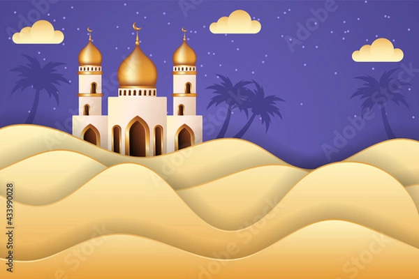 Fototapeta Eid mubarak background in paper cut style with a mosque in the middle of desert. Islamic background suitable for Ramadan, Eid al Adha, Eid al Fitr.