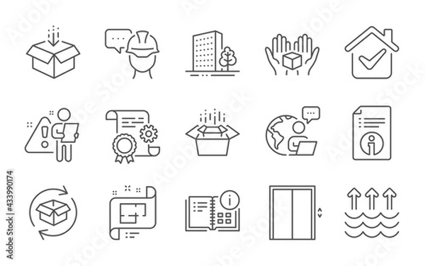 Fototapeta Buildings, Architectural plan and Get box line icons set. Lift, Construction document and Hold box signs. Technical info, Instruction info and Foreman symbols. Line icons set. Vector